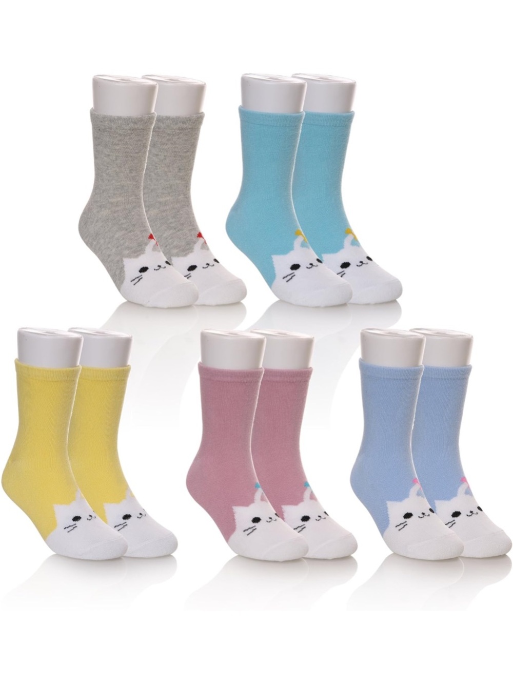 Kids Cute Cat Crew Socks - Pack of 5 (Gray, Blue, Yellow, Pink, Light Blue)